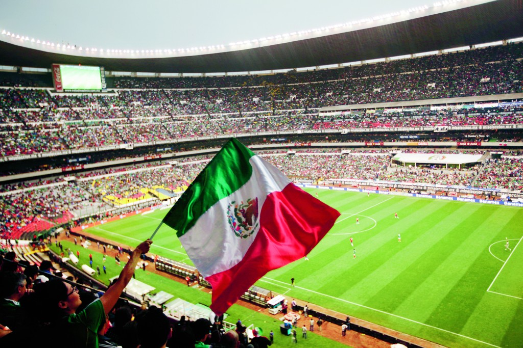 A fan waves Mexico's national flag during a 2014 World Cup qualifying soccer match with Costa Rica in Azteca Stadium in Mexico City, Tuesday, June 11, 2013. (AP Photo/Ivan Pierre Aguirre)