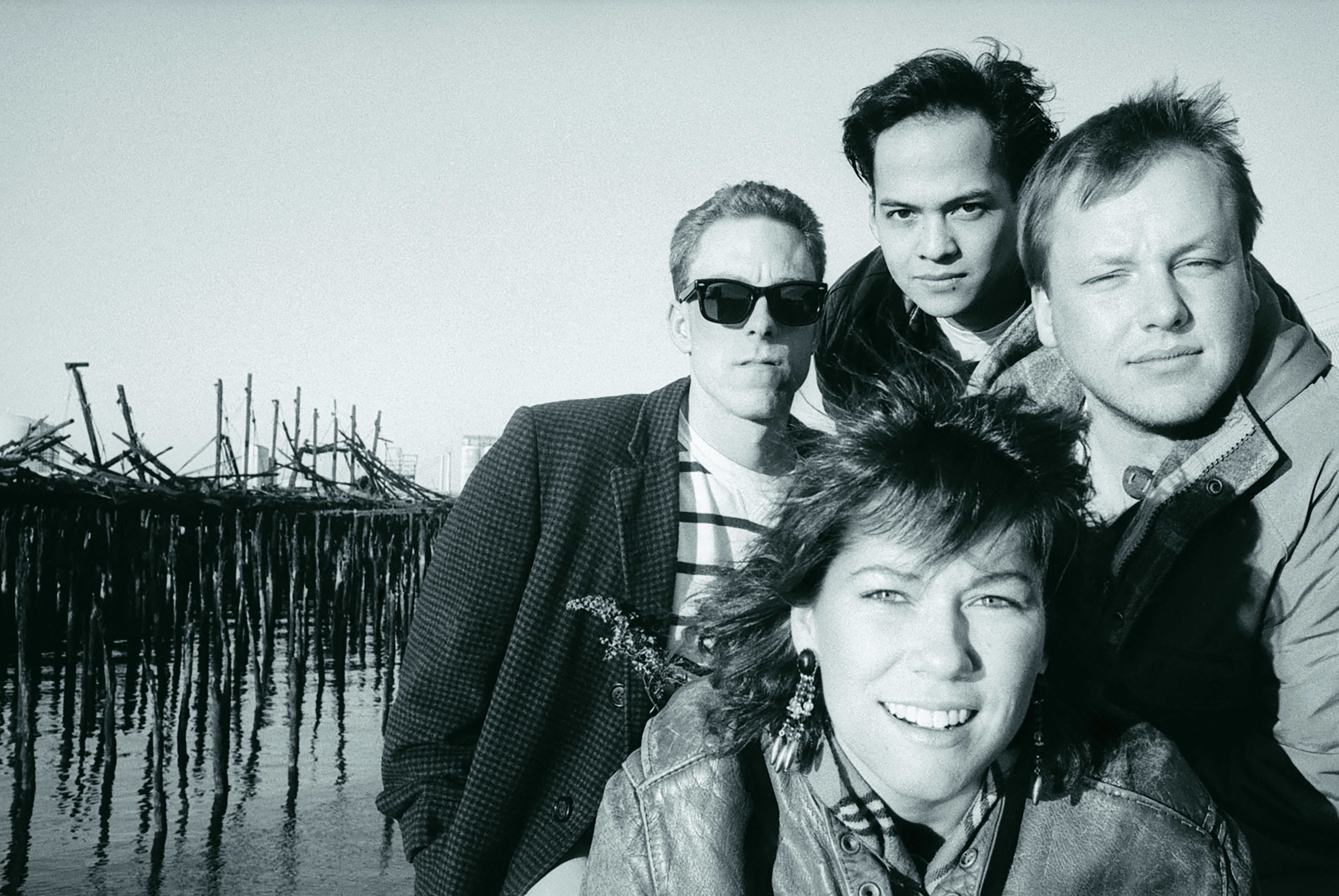 American indie band The Pixies, late 1980s. From left to right, drummer Dave Lovering, bassist Kim Deal, front, guitarist Joey Santiago and singer Black Francis. (Photo by Steve Pyke/Getty Images)